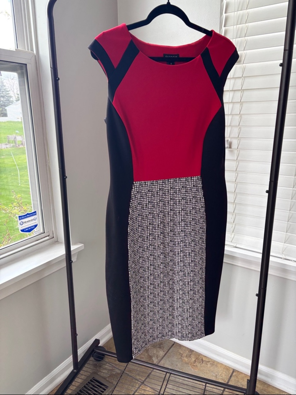 Enfocus Studio Red and Black Colorblock Midi Dress with Tweed Panel